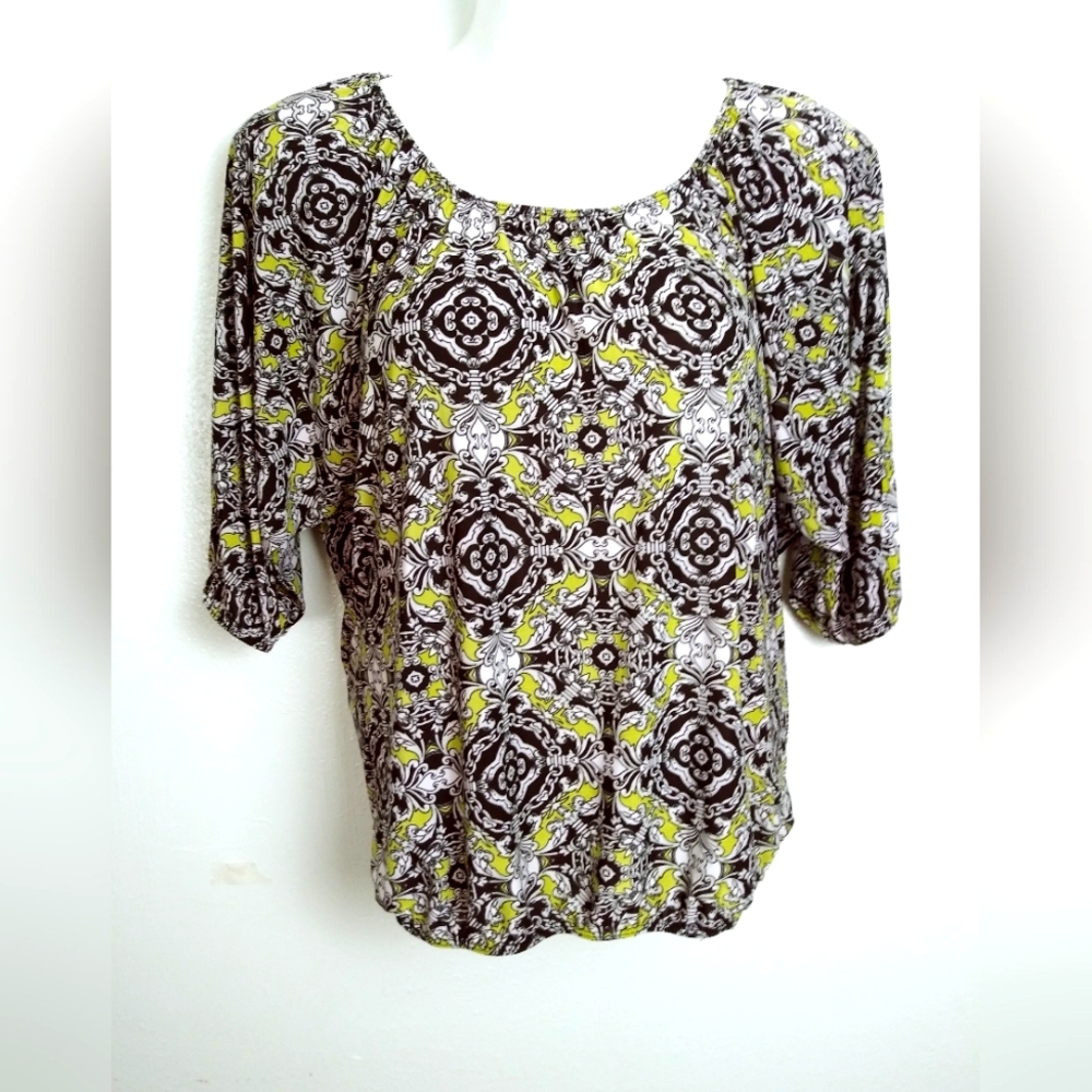 Ashley Stewart Casual  Blouse Size 14/16 Abstract Scoop Neck 3/4 Sleeve